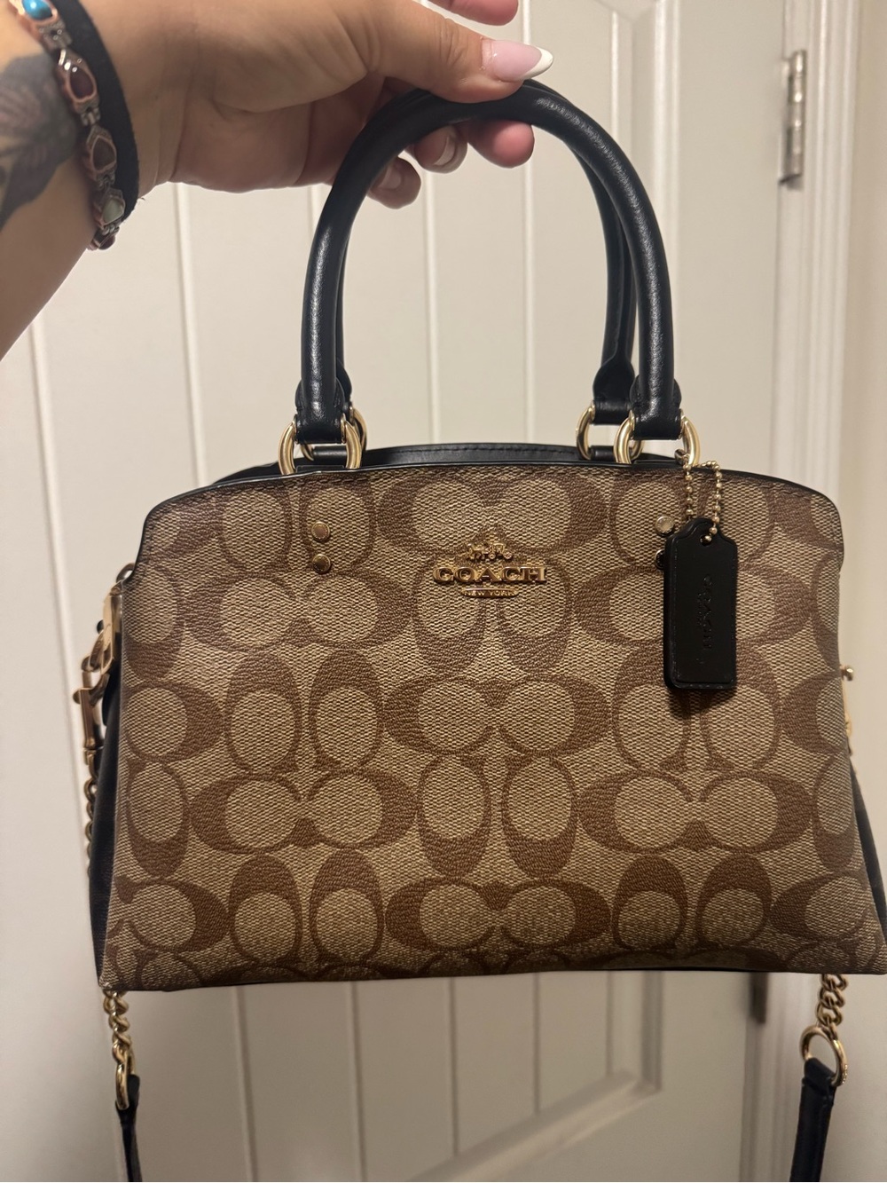 Coach Brown Signature Canvas Satchel with Black Handles